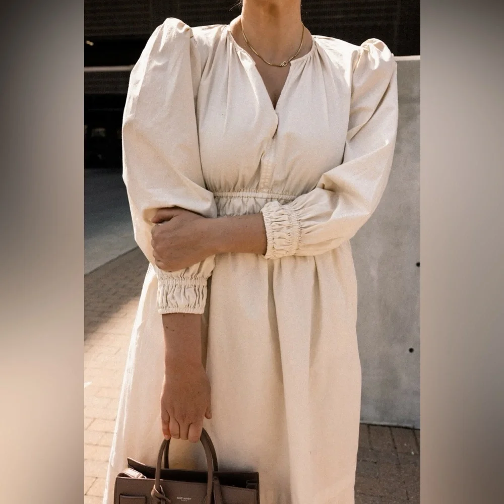 NWT J.Crew Long-sleeve smocked-waist midi dress in lightweight chino cream